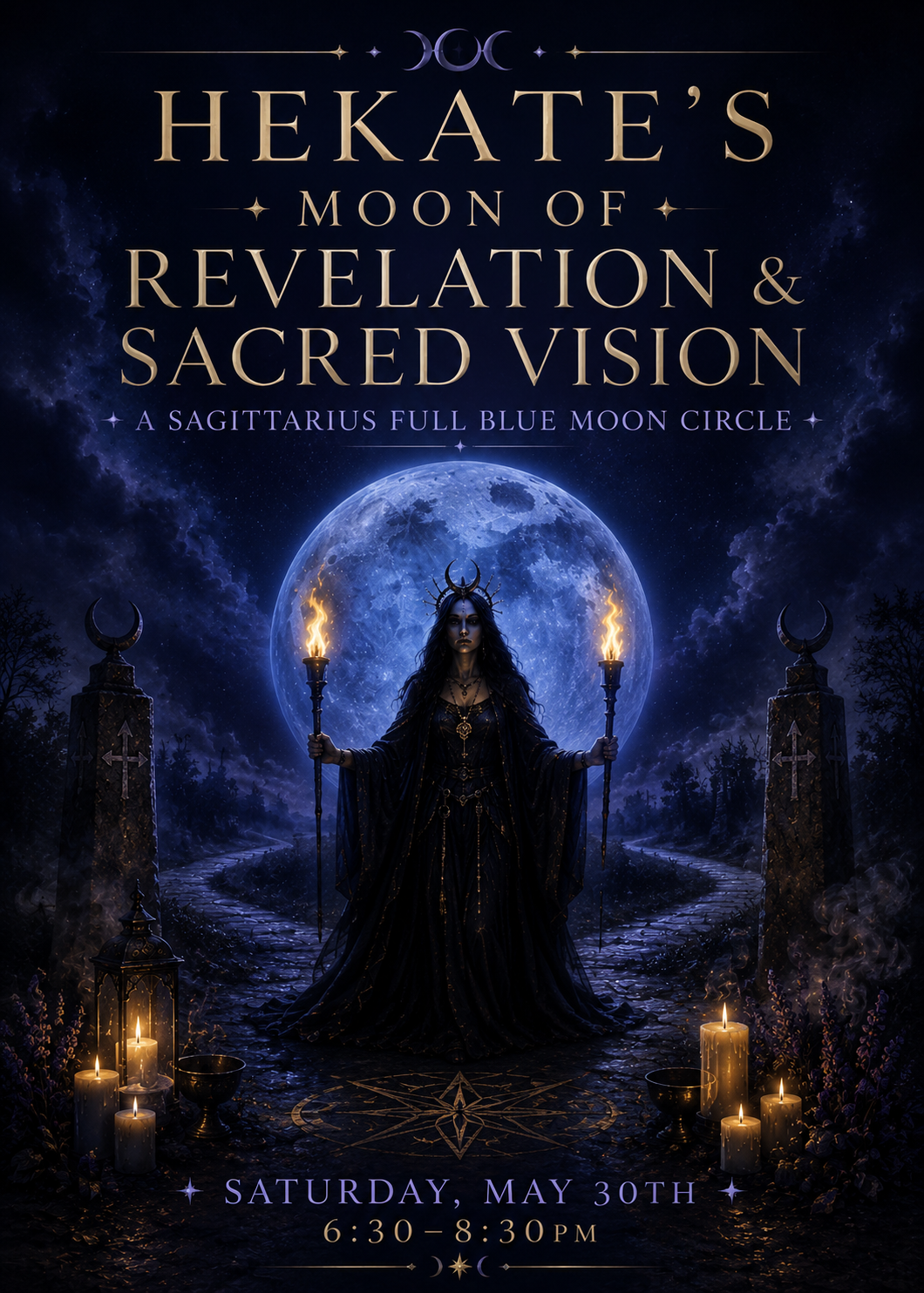 Hekate's Moon of Revelation & Sacred Vision: A Sagittarius Full Blue Moon Circle Saturday May 30th from 6:30-8:30PM