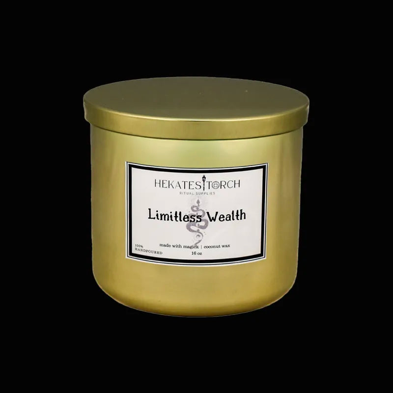 Gold candle jar labeled 'Limitless Wealth' by Hekate's Torch on a black background